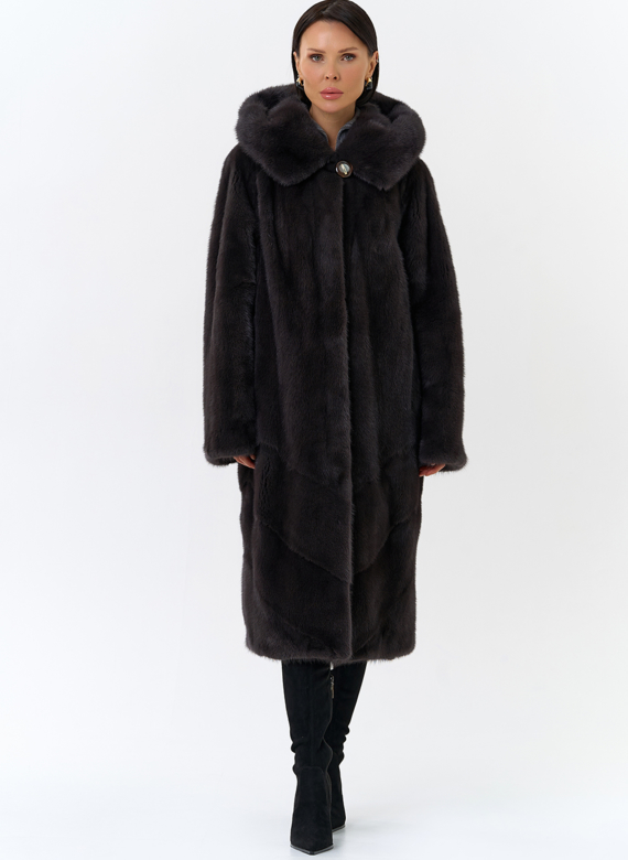 Женская шуба из норки силуэта баллон с капюшоном