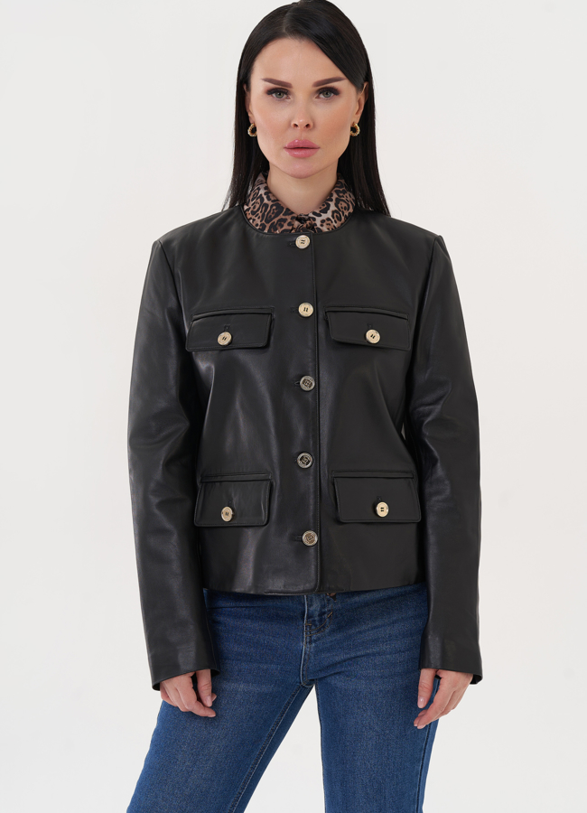 Жакет из натуральной кожи с акцентными пуговицами модель № 500120 универмаг малина