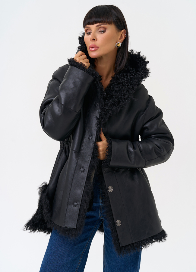 Женская двухсторонняя дубленка с капюшоном модель № 31481 универмаг малина