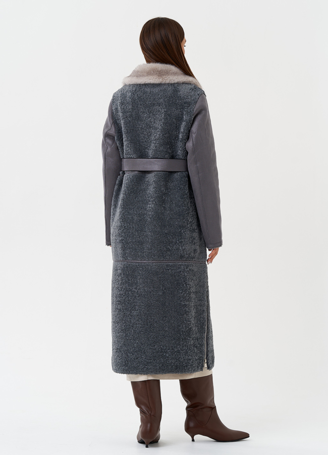 Длинная дубленка из эко кожи модель № 27785 универмаг малина