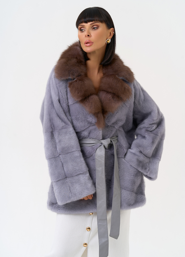 Женская шуба из меха норки с воротником из меха куницы модель № 27581 меха малина