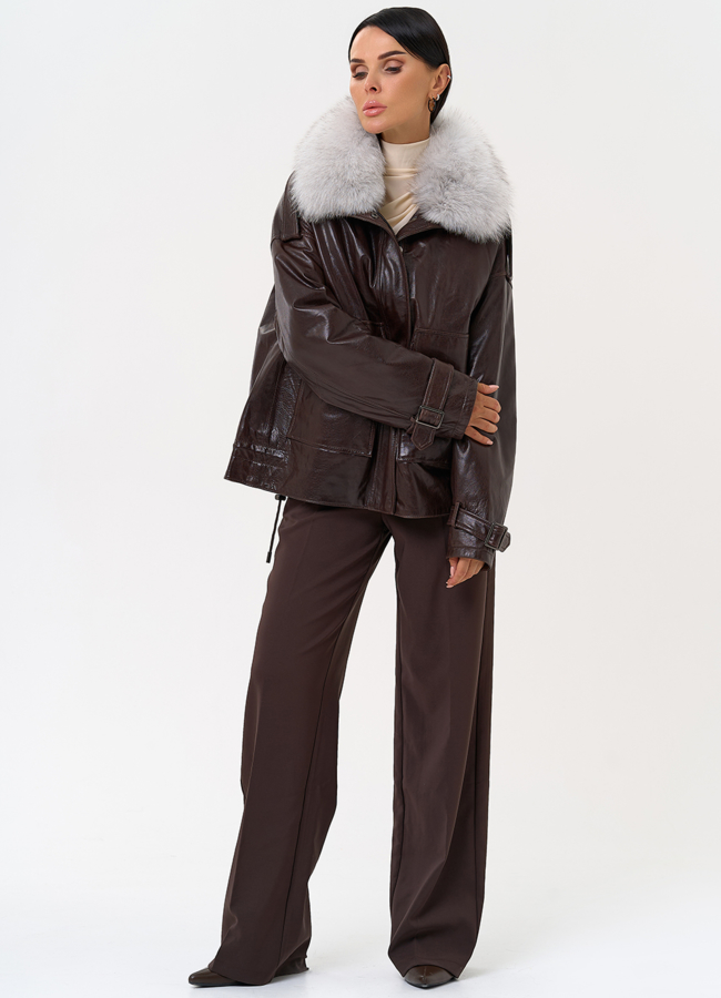 фото Короткий пуховик из натуральной кожи модель № 31371