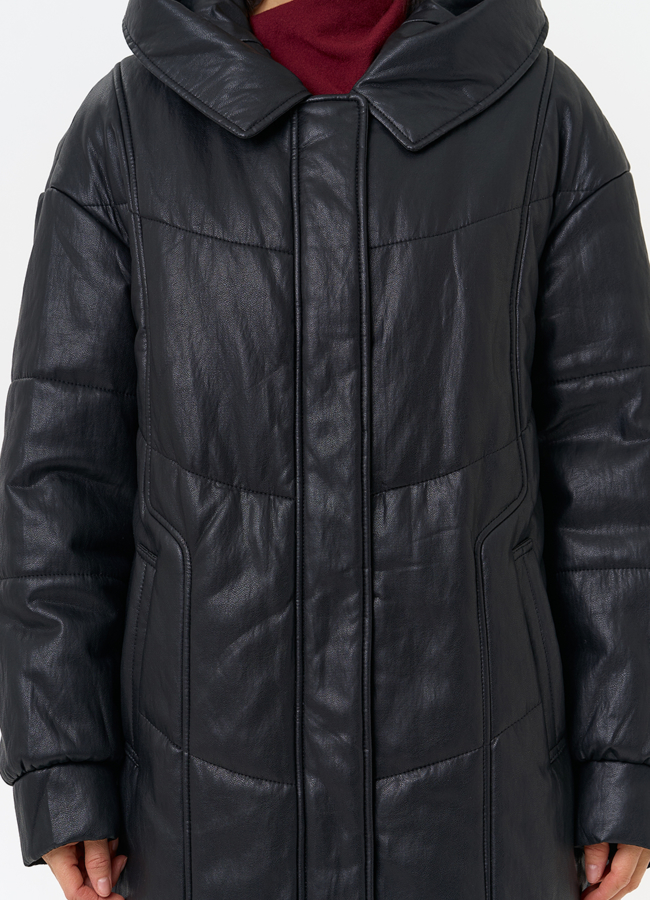 Женский пуховик из эко кожи со съемным эко мехом модель № 30718 универмаг малина