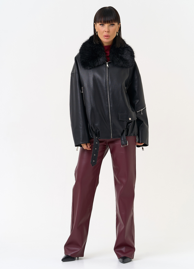 Женская утепленная куртка из эко кожи черного цвета модель № 30708 в кредит