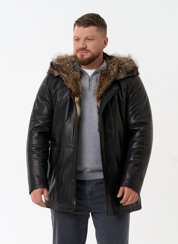 Мужская натуральная дубленка на волке с отделкой из меха енота
