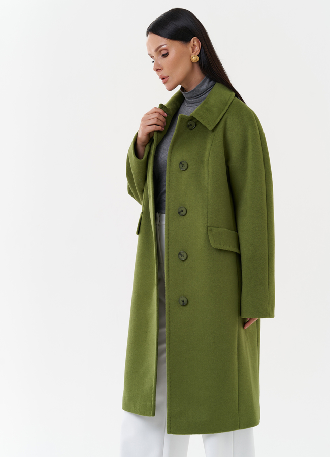 Женское пальто зеленого цвета с поясом модель № 27695 универмаг малина