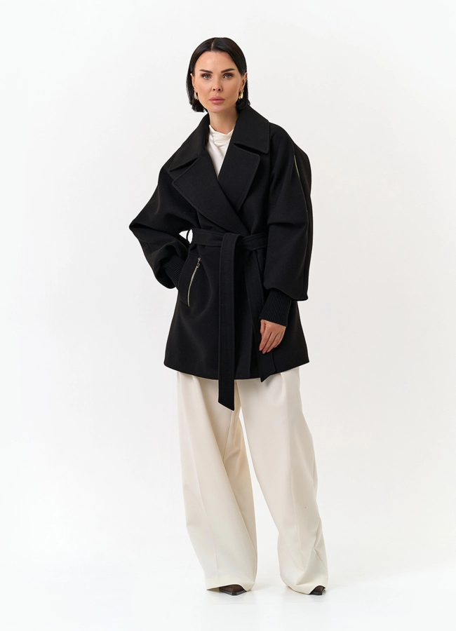 Женское укороченное пальто с декоративными молниями модель № 32805 в рассрочку