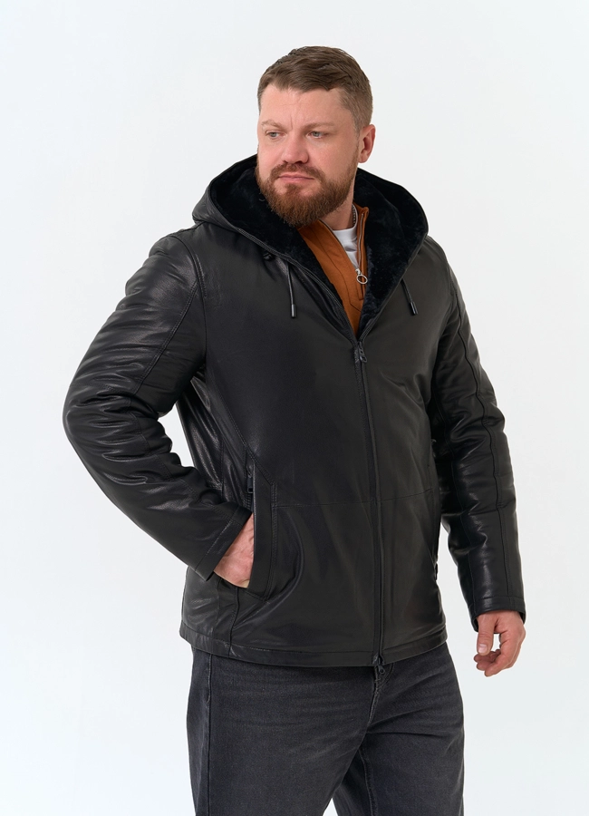 Мужская натуральная дубленка с капюшоном модель № 34426 универмаг малина фото