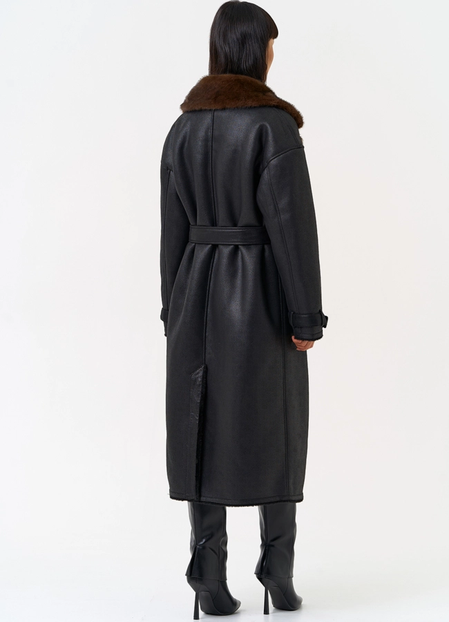 фото Женская дубленка из эко замши с английским воротником модель № 31507