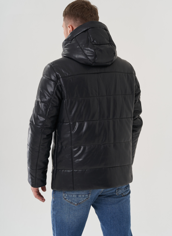 Пуховик мужской из эко кожи с капюшоном 