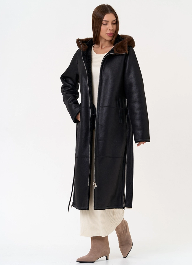 фото Женская дубленка из эко замши с поясом модель № 31432