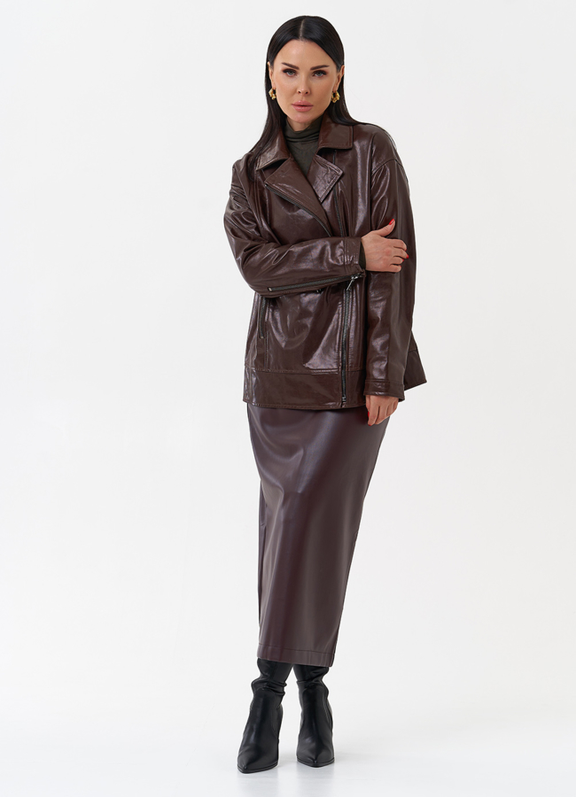 фото Куртка кожаная женская коричневая модель № 4441
