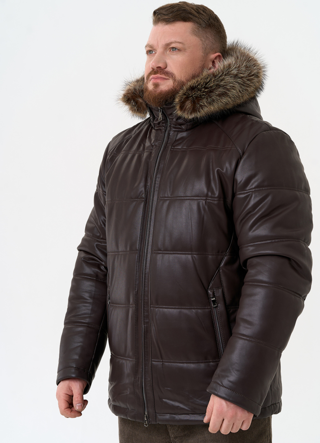 фото Пуховик из эко кожи с капюшоном из меха енота модель № 31721