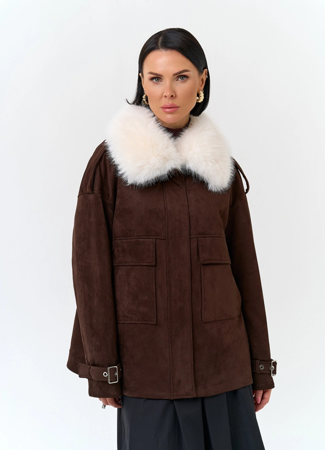 Женская куртка из эко замши с отделкой из эко меха модель № 32794 меха малина