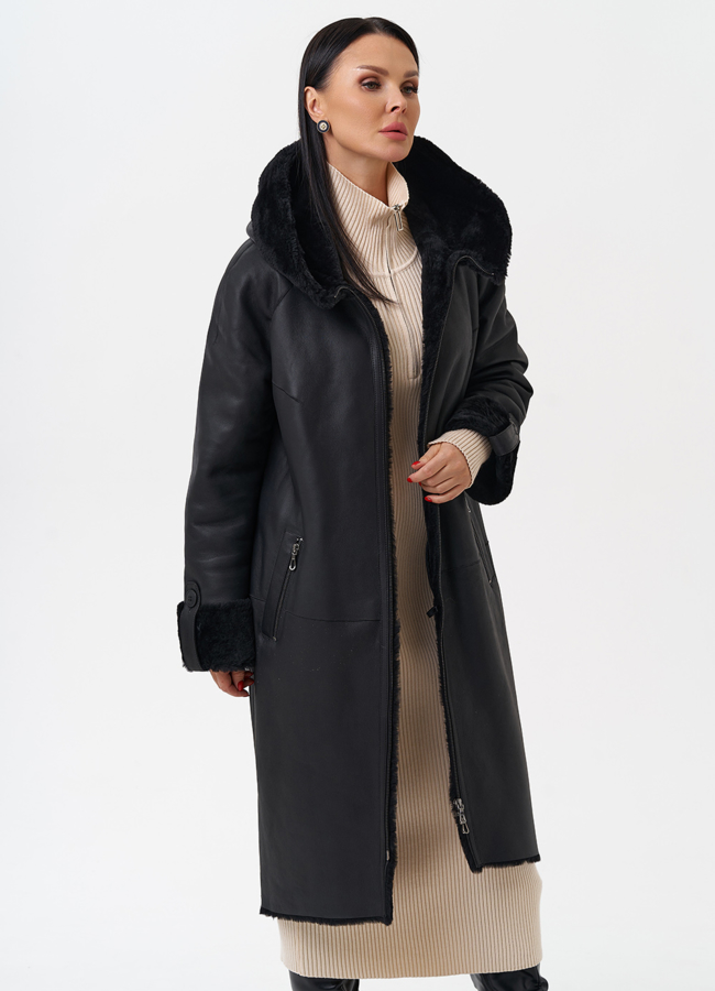 Натуральная дубленка с капюшоном модель № 28956 универмаг малина