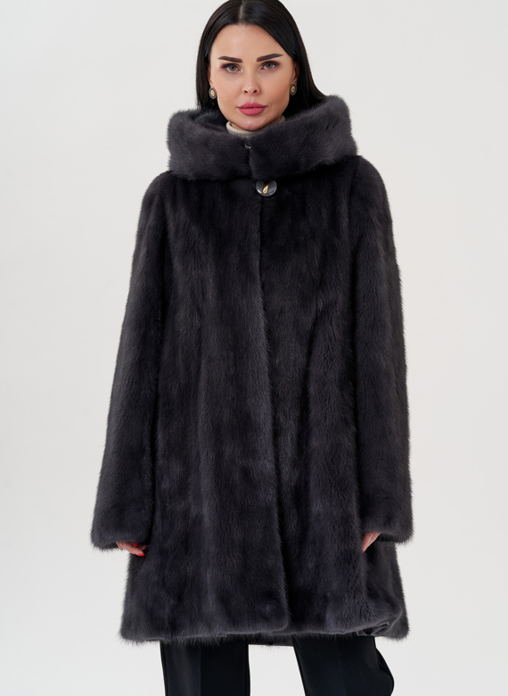Норковая шуба балетка, в цвете графит с капюшоном