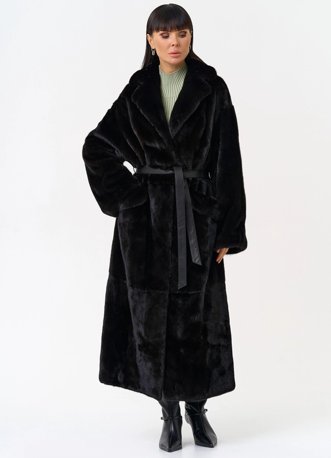 Длинная шуба из меха норки blackglama с поясом модель № 31636 в рассрочку