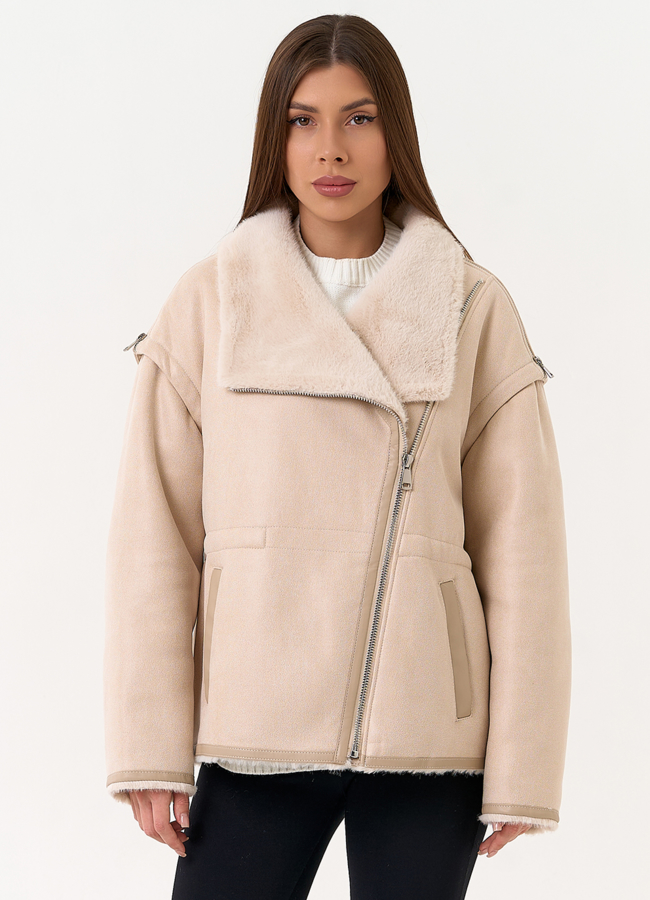 Женская дубленка из эко замши с отложным воротником модель № 31513 меха малина