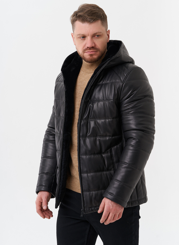 Пуховик из натуральной кожи с отделкой из мутона